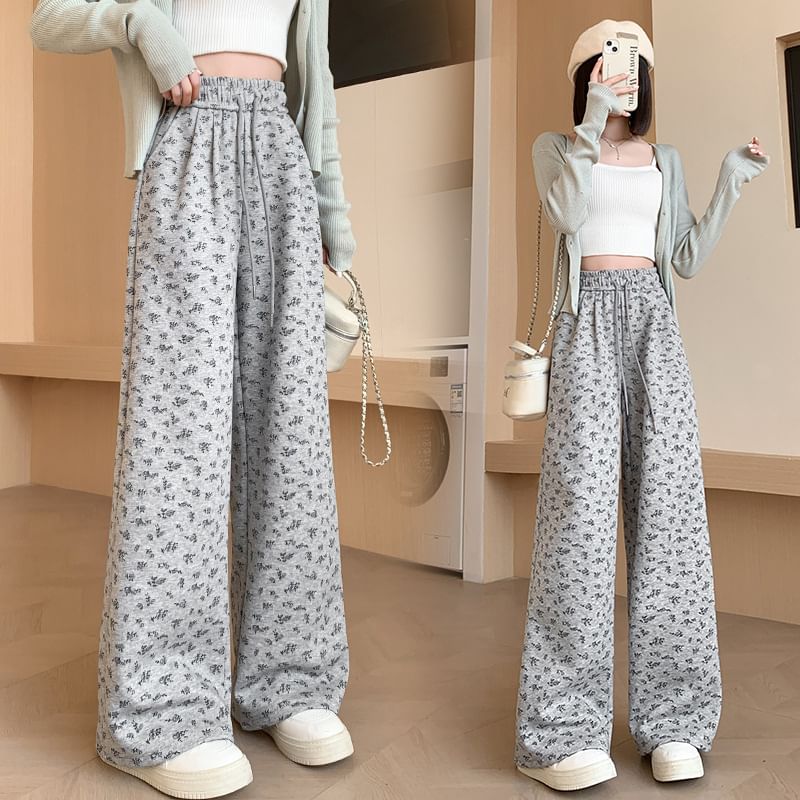 Drawstring Waist Floral Wide Leg Sweatpants