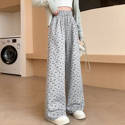 Drawstring Waist Floral Wide Leg Sweatpants