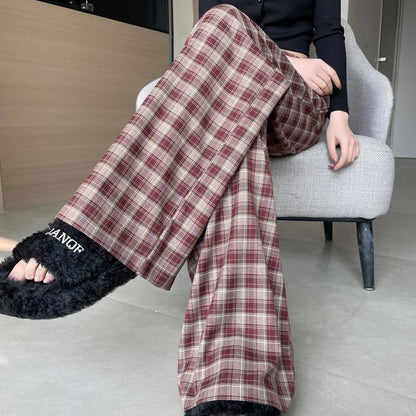 Pantalon large à carreaux taille haute