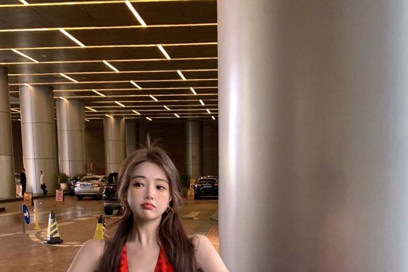 Dotted Halter V-Neck Dress Smock