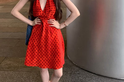 Dotted Halter V-Neck Dress Smock