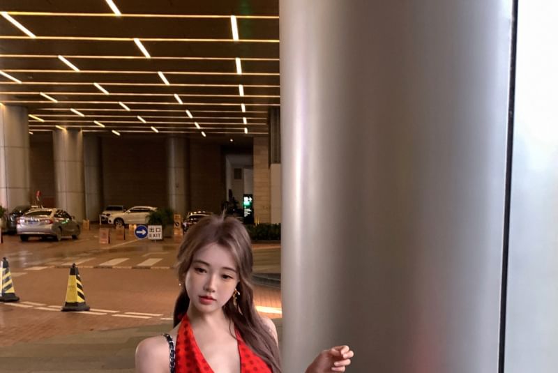 Dotted Halter V-Neck Dress Smock