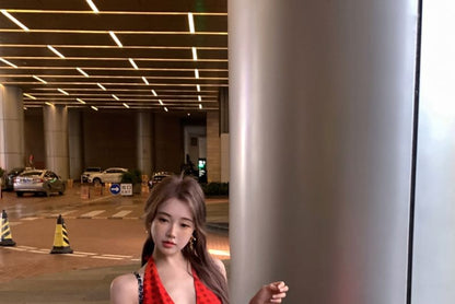 Dotted Halter V-Neck Dress Smock