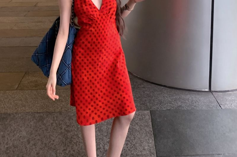 Dotted Halter V-Neck Dress Smock