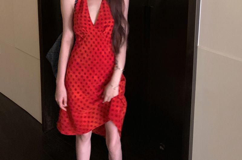 Dotted Halter V-Neck Dress Smock
