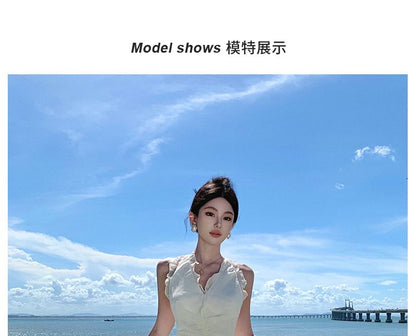 Halter V-Neck Plain Maxi A-Line Dress Ruffle Front-Slit