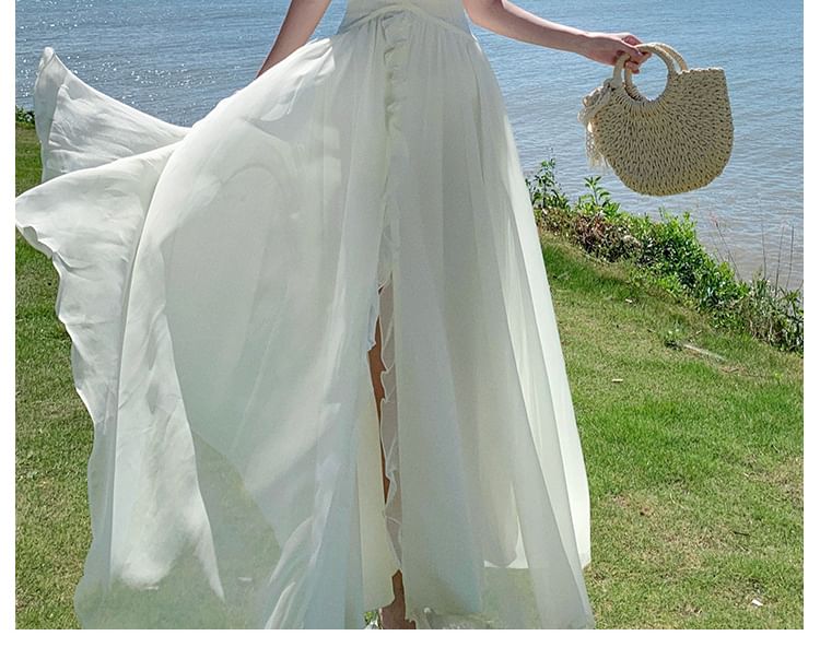 Halter V-Neck Plain Maxi A-Line Dress Ruffle Front-Slit