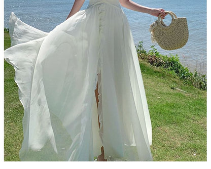 Halter V-Neck Plain Maxi A-Line Dress Ruffle Front-Slit