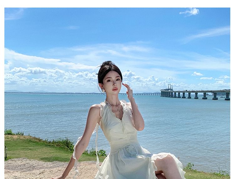 Halter V-Neck Plain Maxi A-Line Dress Ruffle Front-Slit