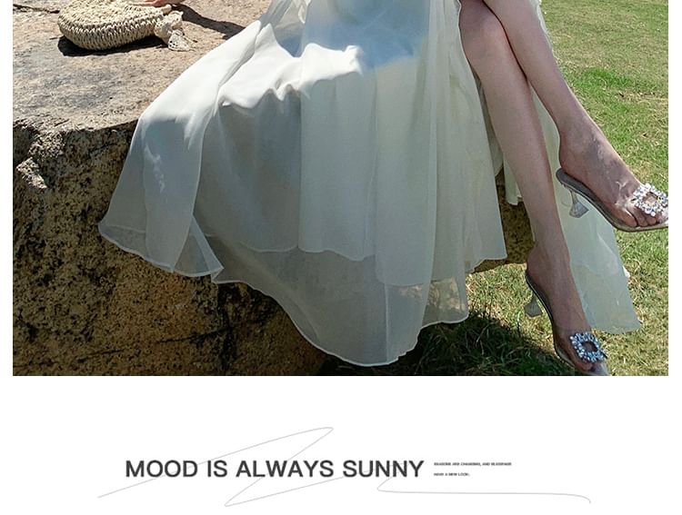 Halter V-Neck Plain Maxi A-Line Dress Ruffle Front-Slit