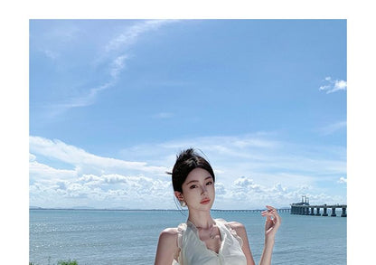 Halter V-Neck Plain Maxi A-Line Dress Ruffle Front-Slit