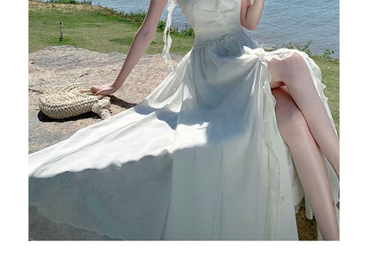 Halter V-Neck Plain Maxi A-Line Dress Ruffle Front-Slit