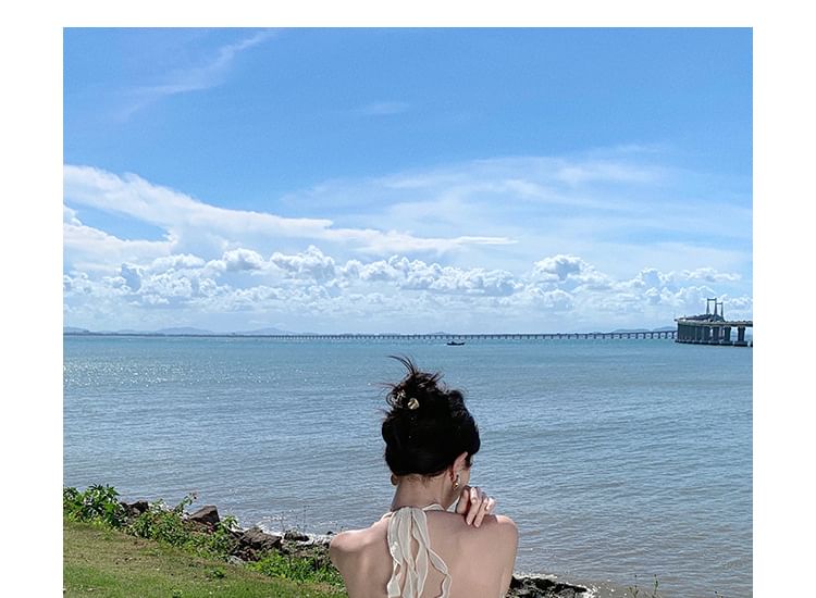 Halter V-Neck Plain Maxi A-Line Dress Ruffle Front-Slit