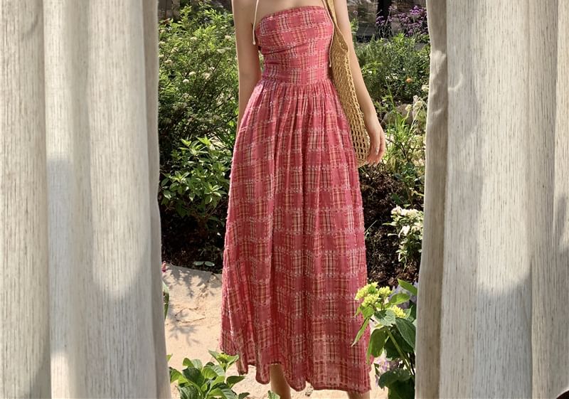 Strapless Dress Plaid Maxi A-Line