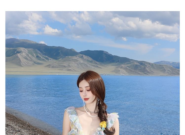 Cutout Sleeveless Floral Maxi Ruffle V-Neck Sundress