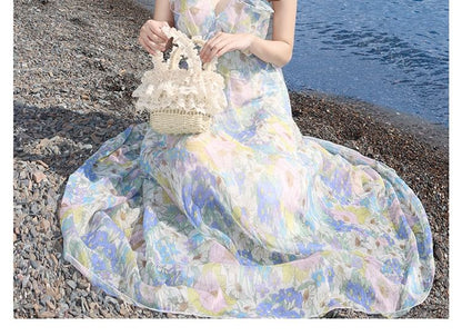 Cutout Sleeveless Floral Maxi Ruffle V-Neck Sundress