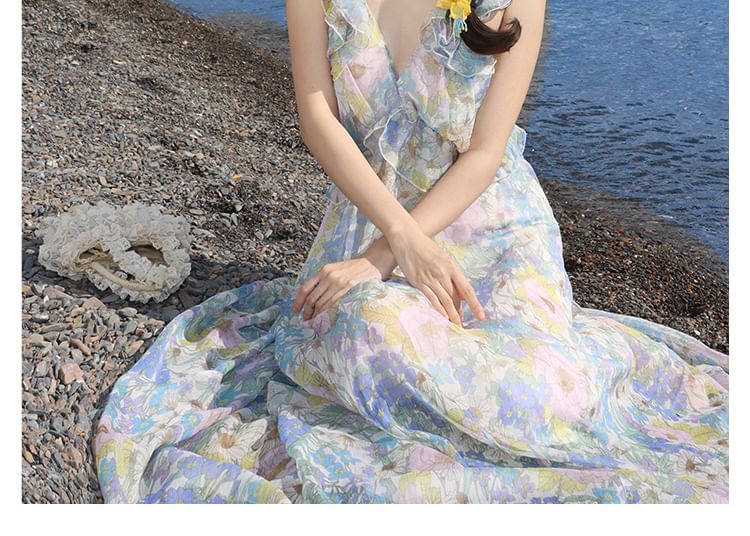 Cutout Sleeveless Floral Maxi Ruffle V-Neck Sundress