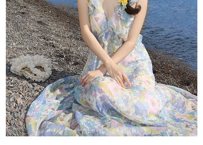 Cutout Sleeveless Floral Maxi Ruffle V-Neck Sundress