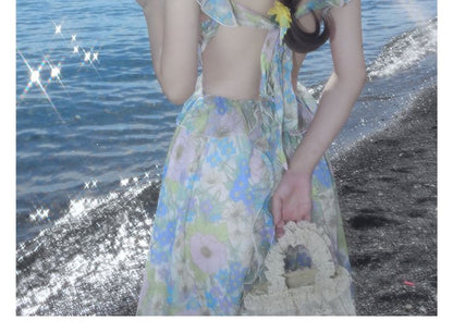 Cutout Sleeveless Floral Maxi Ruffle V-Neck Sundress