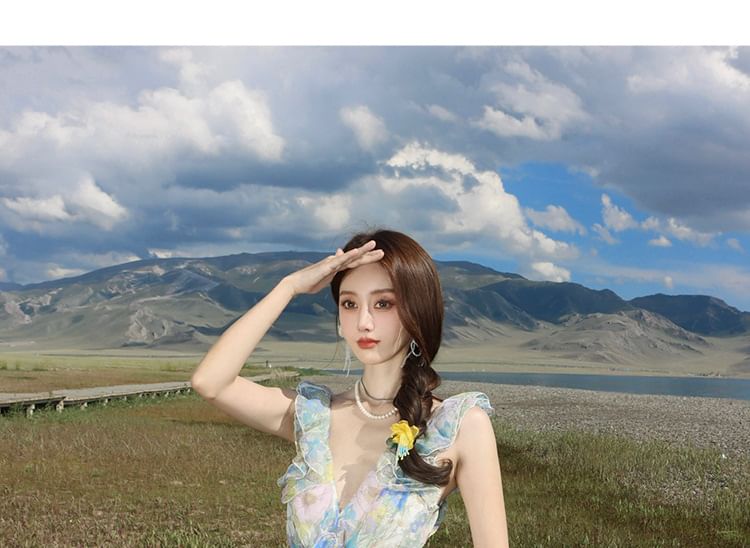 Cutout Sleeveless Floral Maxi Ruffle V-Neck Sundress