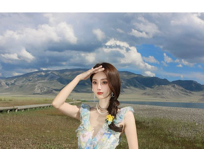 Cutout Sleeveless Floral Maxi Ruffle V-Neck Sundress