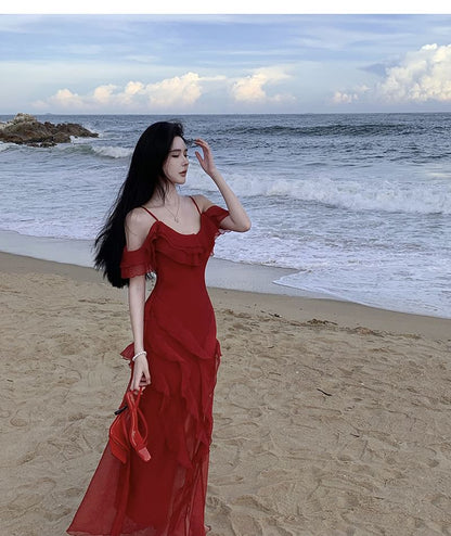 Cold-Shoulder Ruffle Maxi Asymmetrical Sundress Plain