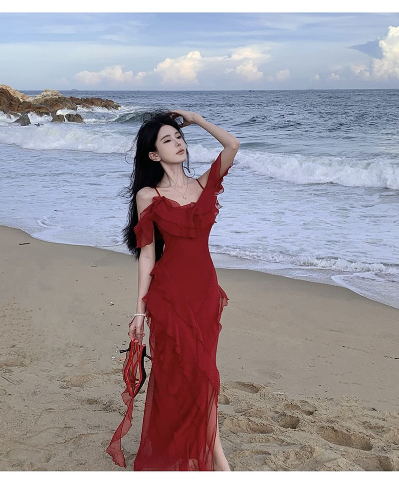 Cold-Shoulder Ruffle Maxi Asymmetrical Sundress Plain