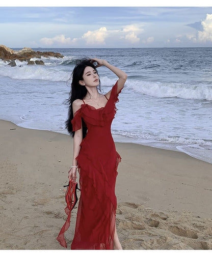 Cold-Shoulder Ruffle Maxi Asymmetrical Sundress Plain