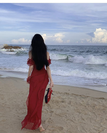 Cold-Shoulder Ruffle Maxi Asymmetrical Sundress Plain