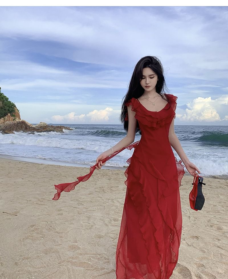 Cold-Shoulder Ruffle Maxi Asymmetrical Sundress Plain