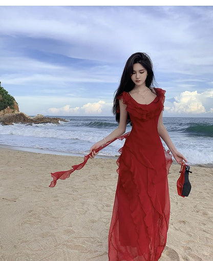 Cold-Shoulder Ruffle Maxi Asymmetrical Sundress Plain