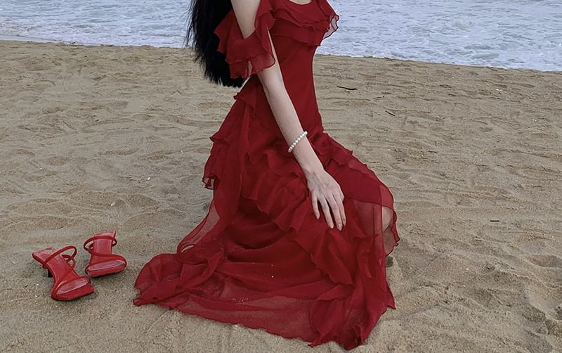 Cold-Shoulder Ruffle Maxi Asymmetrical Sundress Plain