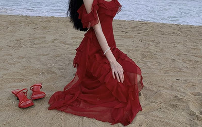 Cold-Shoulder Ruffle Maxi Asymmetrical Sundress Plain