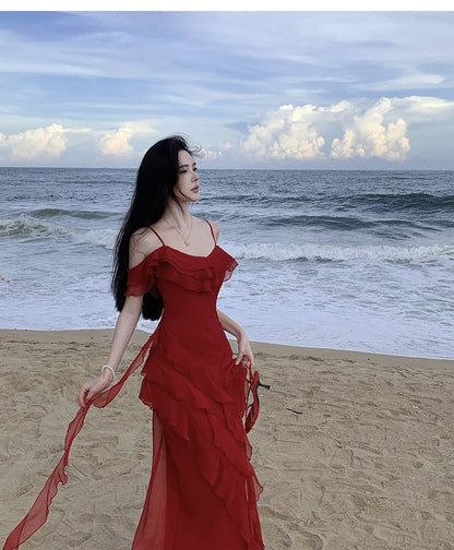 Cold-Shoulder Ruffle Maxi Asymmetrical Sundress Plain