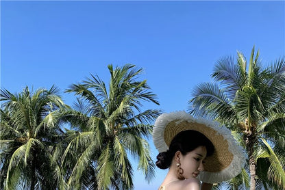 Slit Spaghetti Dress A-Line Plain Strap Cutout Maxi Ruffle