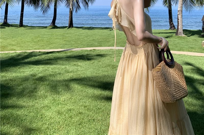 Slit Spaghetti Dress A-Line Plain Strap Cutout Maxi Ruffle