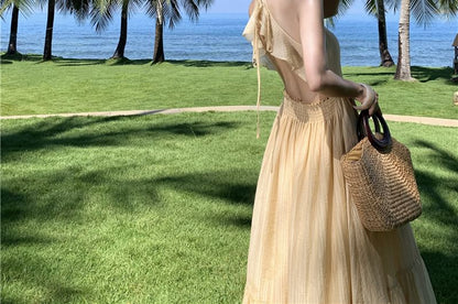 Slit Spaghetti Dress A-Line Plain Strap Cutout Maxi Ruffle