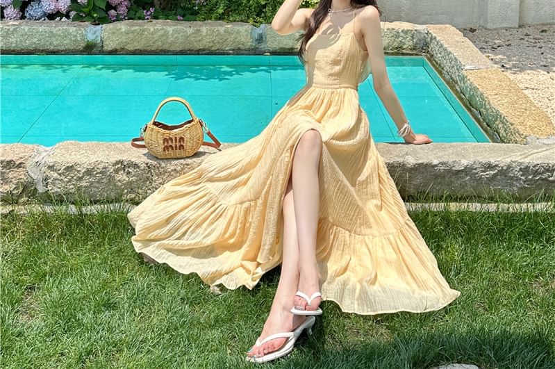 Slit Spaghetti Dress A-Line Plain Strap Cutout Maxi Ruffle