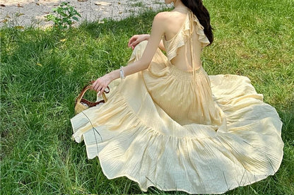 Slit Spaghetti Dress A-Line Plain Strap Cutout Maxi Ruffle