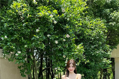 Slit Spaghetti Dress A-Line Plain Strap Cutout Maxi Ruffle