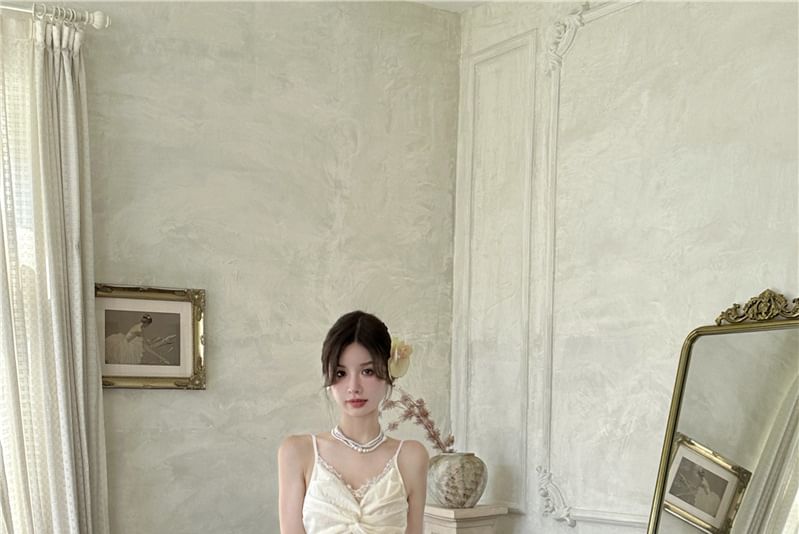 Strap Panel Plain Dress Maxi Ruched Slit Spaghetti V-Neck A-Line Lace