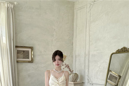 Strap Panel Plain Dress Maxi Ruched Slit Spaghetti V-Neck A-Line Lace