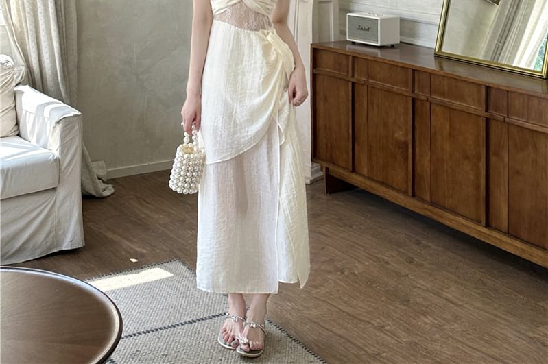 Strap Panel Plain Dress Maxi Ruched Slit Spaghetti V-Neck A-Line Lace