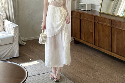 Strap Panel Plain Dress Maxi Ruched Slit Spaghetti V-Neck A-Line Lace