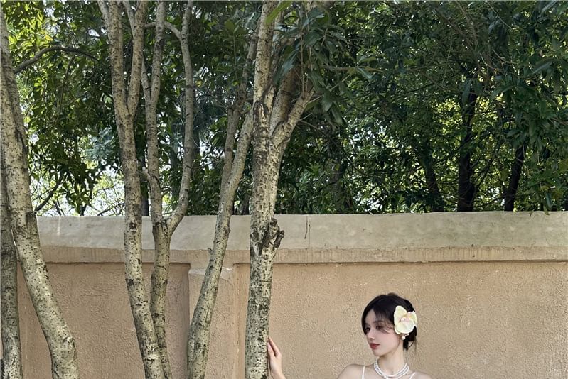 Strap Panel Plain Dress Maxi Ruched Slit Spaghetti V-Neck A-Line Lace