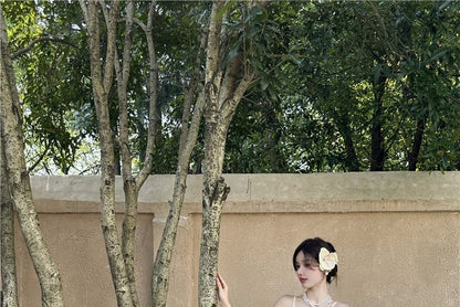 Strap Panel Plain Dress Maxi Ruched Slit Spaghetti V-Neck A-Line Lace