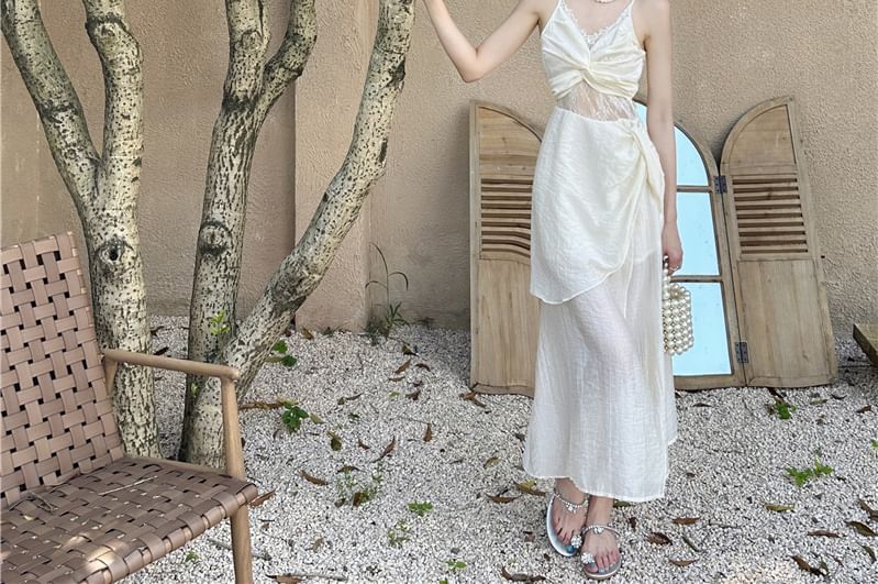 Strap Panel Plain Dress Maxi Ruched Slit Spaghetti V-Neck A-Line Lace