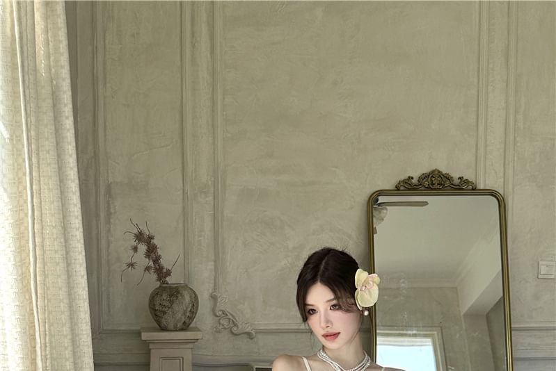 Strap Panel Plain Dress Maxi Ruched Slit Spaghetti V-Neck A-Line Lace