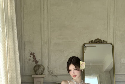 Strap Panel Plain Dress Maxi Ruched Slit Spaghetti V-Neck A-Line Lace