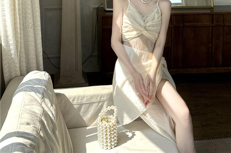 Strap Panel Plain Dress Maxi Ruched Slit Spaghetti V-Neck A-Line Lace